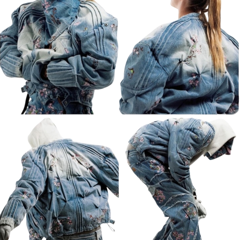 CHERRY BLOSSOM DENIM RACER JACKET BY BAD SON Medium UNISEX OVERSIZED COAT - Picture 9 of 10
